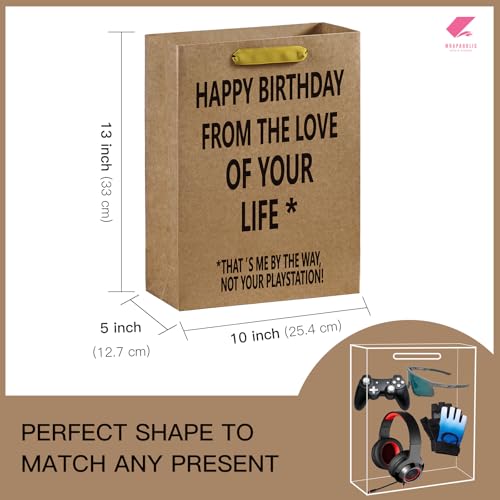 WRAPAHOLIC 13" Large Funny Birthday Kraft Paper Gift Bag for Husband, Wife, Boyfriend