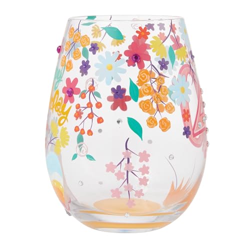 Enesco Lolita Designs Happy 40th Birthday Hand-Painted Artisan Stemless Wine Glass, 20 Ounce, Multicolor