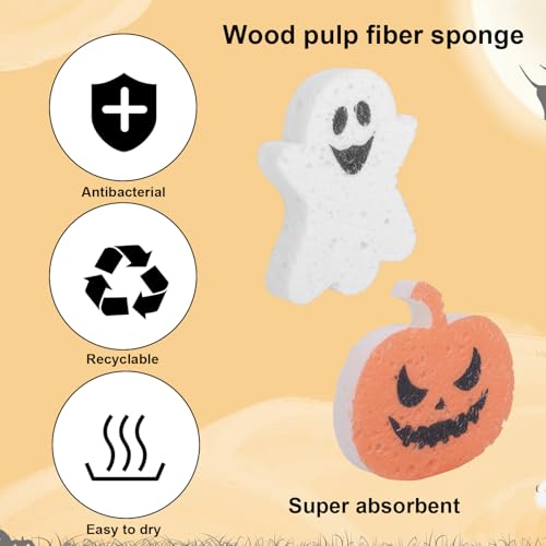Halloween Kitchen Sponges Set - 4 Cute Pumpkin & Ghost Scrubs