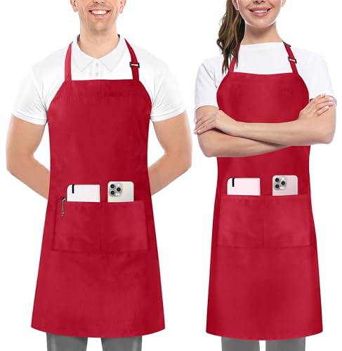 Utopia Kitchen Red Bib Aprons 2 Pack Adjustable with 2 Pockets - 100% Polyester