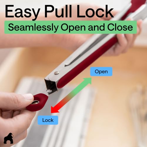 Gorilla Grip Stainless Steel Kitchen Tongs 2-Pack with Red Silicone Tips, 9” & 12”