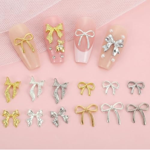 Ouligay 96 PCS Metal Bow Nail Charms 3D Gold and Silver Nail Art Decors