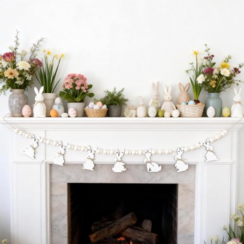 Easter Bunny Wooden Bead Garland - 6.56ft Rustic Banner for Home Decor