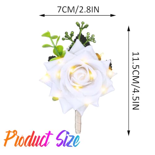 Light Up White Rose Boutonniere with LED for Groom Prom Wedding