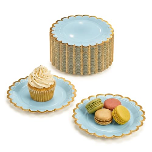 Blue Paper Plates with Gold Scalloped Rim - 7" | 50 Pack