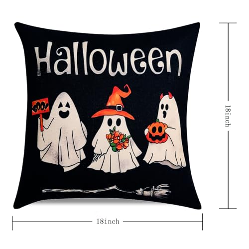 Black Halloween Ghost Throw Pillow Covers Set of 4 18x18” - Spooky Gothic Linen Decor