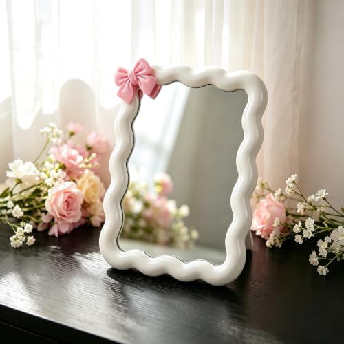 Wave Desktop Makeup Mirror with Adhesive Bow - White, 6.7x5.3 Inch