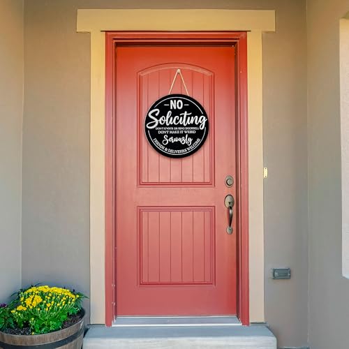 No Soliciting Door Sign - 10-Inch Round Rustic Wood Hanging Sign