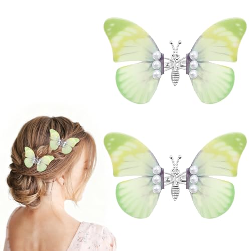 Gradient Butterfly Hair Clips with Moving Wings and Pearls 2Pcs
