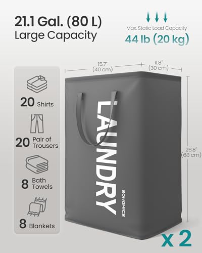 SONGMICS Laundry Hamper, 80L Foldable Basket, Slate Gray, 2 Pack