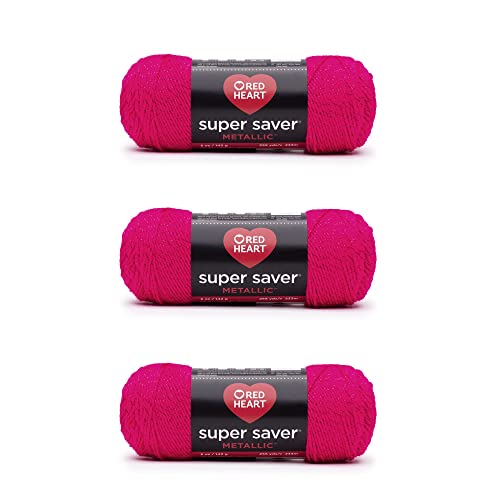 Red Heart Super Saver Metallic Yarn Fuchsia 3-Pack - Worsted Weight Craft Yarn