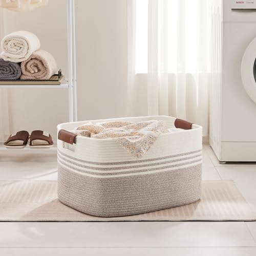 SunNewt 72L Large Laundry Basket with Leather Handles for Living Room Storage, Woven Rope Baskets Bin for Blanket, Kids Toy, Gifts, Wicker Hamper for Bedroom Dirty Clothes, 22"x17"x12" White Brown