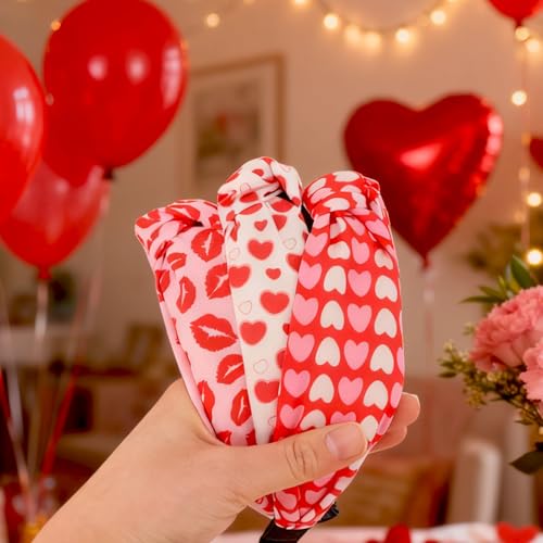 CURASA Valentine's Day Knotted Headbands Set - 3PCS Red Heart Hair Accessories