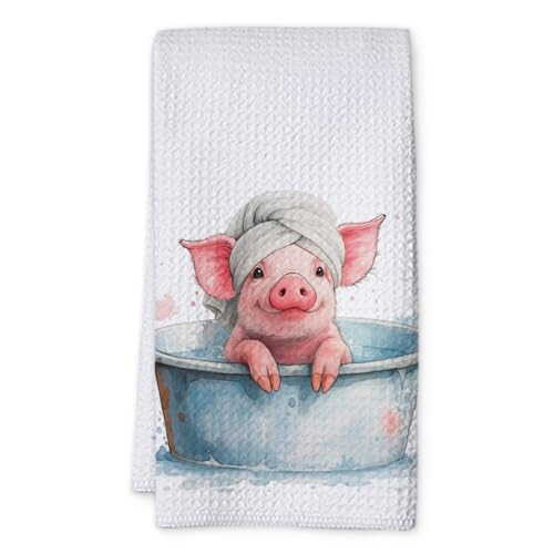 KIDEAR Bathing Pig Hand Towel - Cute Microfiber Kitchen Towel (16x24)