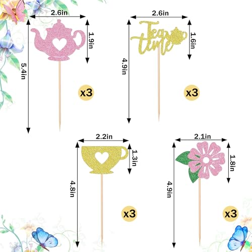 12PCS Elegant Tea Party Cupcake Toppers Set - Glitter Teapot & Teacup