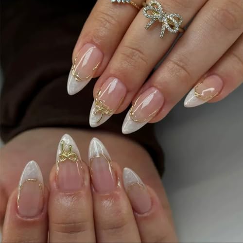 French Press on Nails Almond White Tips with 3D Gold Bow 24Pcs