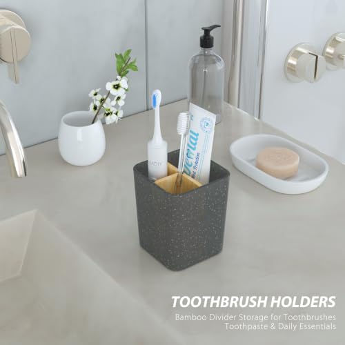 Leadiy Bamboo Toothbrush Holder with 3 Slots for Bathroom Counter - Black Marble Design