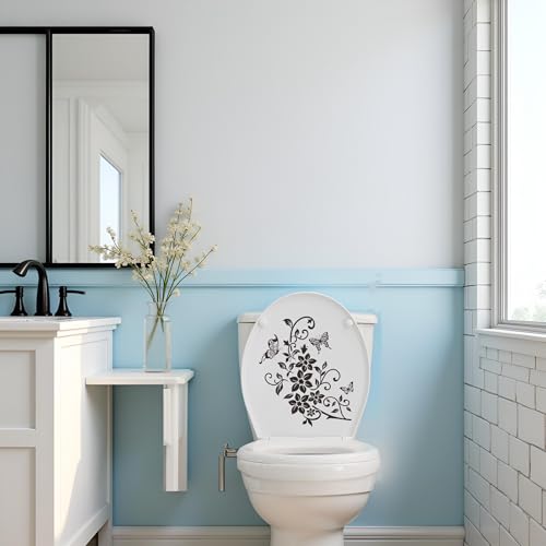 Elegant Black Butterfly Floral Toilet Seat Lid Decal - Removable PVC Sticker