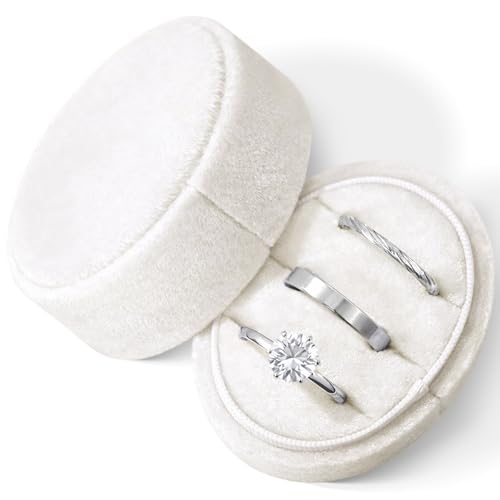 Velvet 3-Slot Ring Box - Oval Wedding Engagement Holder in Beige