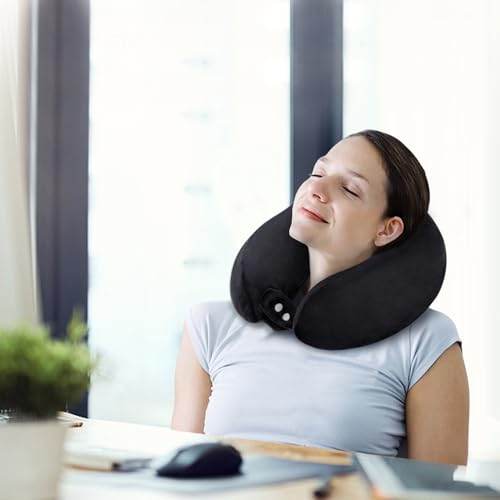 Black Memory Foam Neck Pillow for Travel & Airplane Comfort