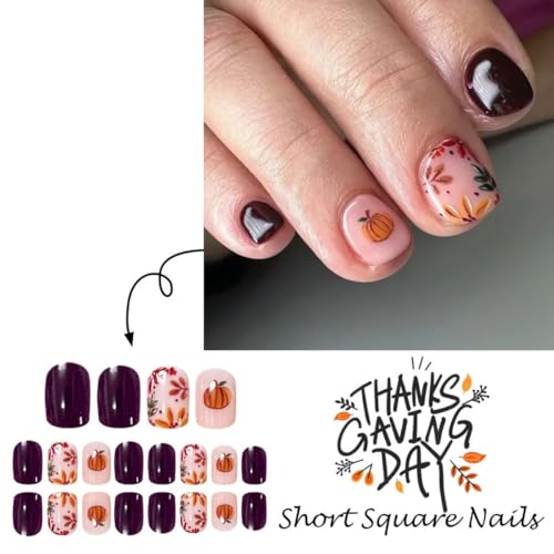 Fall Press On Nails Short Square Pumpkin Leaf Purple False Nails 24pcs