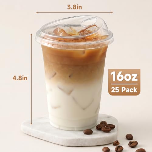 25 Pack 16 oz Clear Plastic Cups with Lids for Cold Drinks - Disposable BPA-Free Iced Coffee & Smoothie Cups