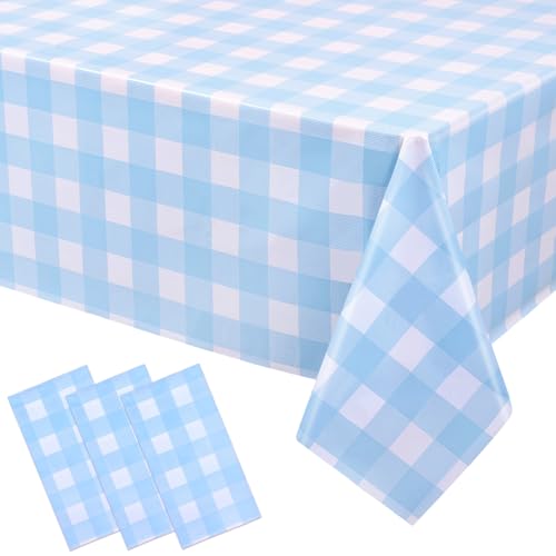 Sky Blue Checkered Tablecloths - 3 Pack 54 x 108 Inch Disposable