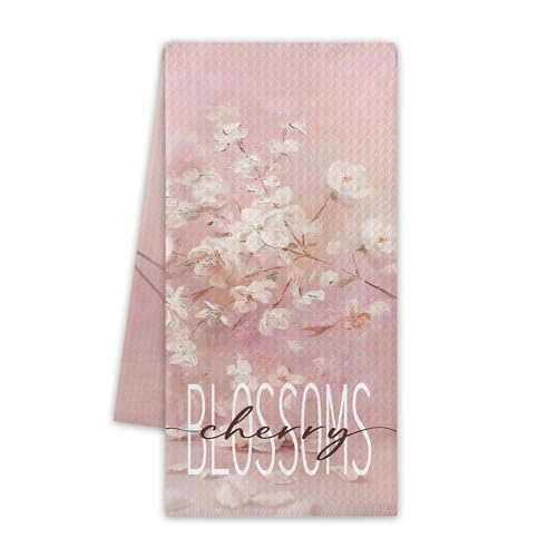 Cherry Blossom Kitchen Towel Waffle Cotton Spring Pink Hand Tea Towel