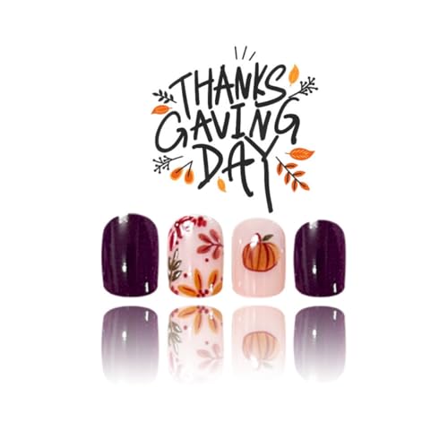 Fall Press On Nails Short Square Pumpkin Leaf Purple False Nails 24pcs