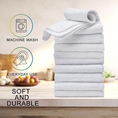 Textila Cotton Washcloths, 12x12 Inch, White - 10 Pack Soft Absorbent Towels