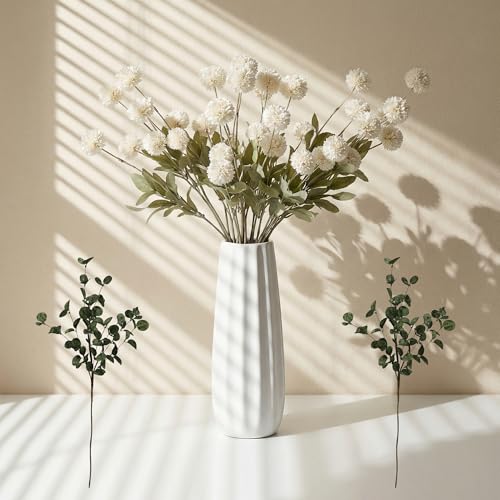 10 Pcs White Silk Mini Chrysanthemum Artificial Flowers with Eucalyptus Stems