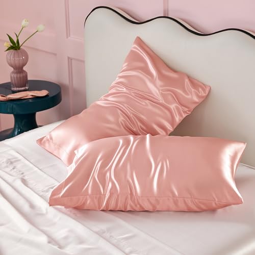 Bedsure King Satin Pillowcases Set of 2 - Peach Pink, Silky Soft for Hair & Skin