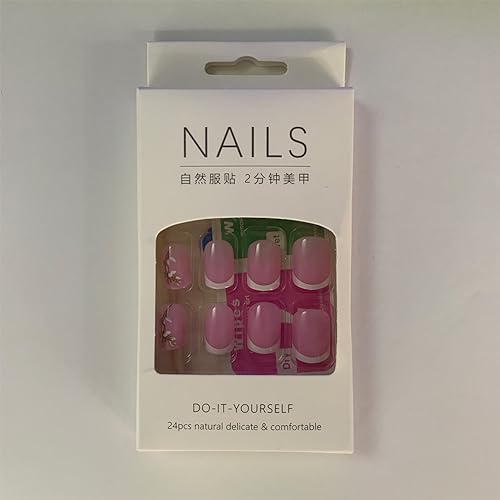Short French Tip Press on Nails with Pink Flower Design False Nails
