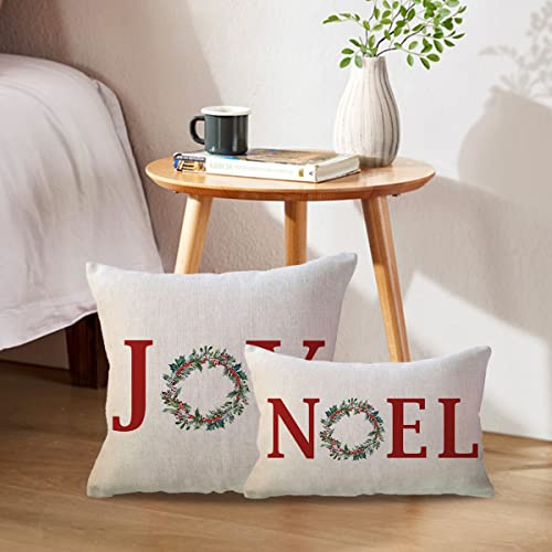 Christmas Decorative Throw Pillow Covers 18x18 Inches Set of 2 - Red Joy Noel Holiday Farmhouse Winter Decor
