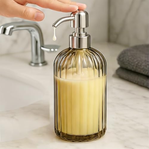 18 Oz Ribbed Glass Soap Dispenser with Rust-Proof Stainless Steel Pump - Refillable Bathroom & Kitchen Bottle, Gold