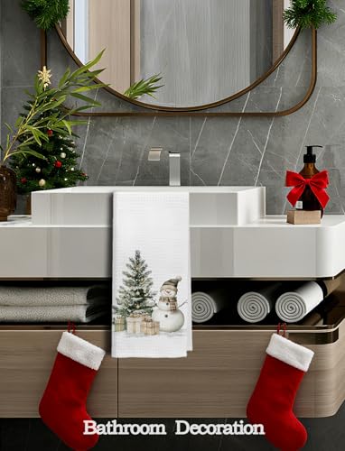 Snowman Christmas Kitchen Towels - Rustic Snowy Tree Hand Towels, Holiday Dish Cloths, 16x24 Inch - Color-01