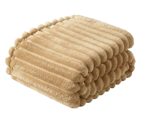 COZYXWORLD 380GSM Heavyweight Ribbed Fleece Throw Blanket, Beige 50x60
