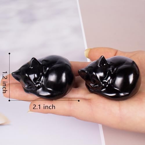 Black Obsidian Sleeping Cat Figurine - 2.1 Inch Hand Carved Decor