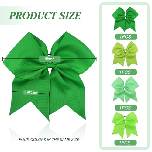 Large Green Cheering Hair Bows 8 Inch with Elastic Hair Ties (4 Pack)