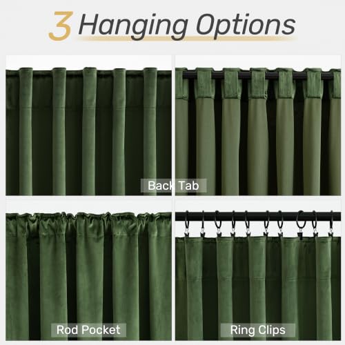 Olive Green Velvet Blackout Curtains - 52W x 108L, Pack of 2, Room Darkening