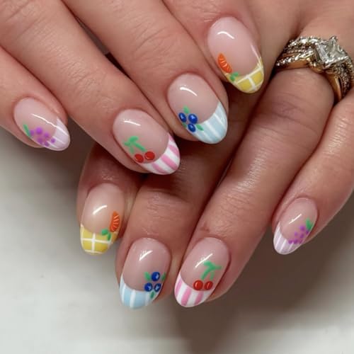 Short Almond Press on Nails with Fruit Designs French Tip Fake Nails