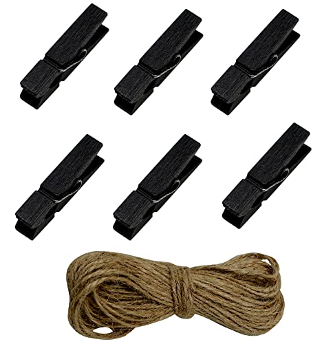 Black Wooden Clothes Pins - 100pcs Mini Clothespins with Jute Twine