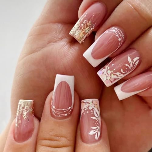 Short French Tip Press on Nails Nude Pink Square False Nails with Flowers