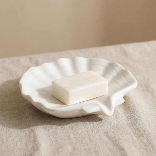 Ceramic Sea-Shell Soap Holder with Self-Draining Design - Elegant and Easy-Clean (White)