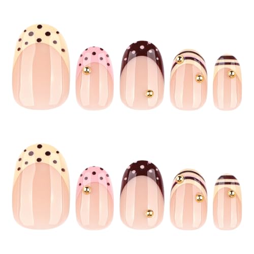 French Tip Press On Nails Almond Shape Brown Glossy False Nails