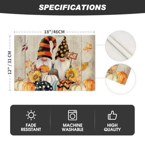 Wood Gnomes Pumpkin Fall Placemats Set of 4 - 12x18 Inch Rectangular Seasonal Table Decor