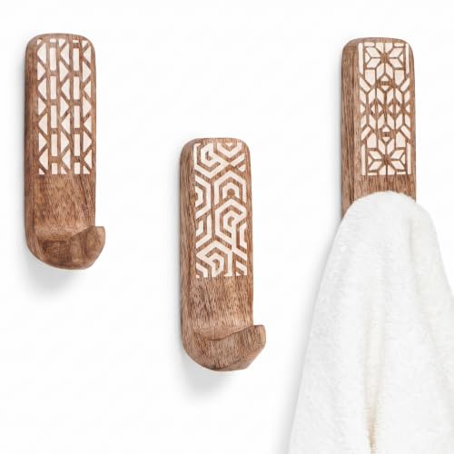Indian Shelf Geometric Wooden Wall Hooks 3-Pack for Keys & Coats