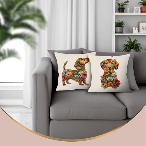 Dachshund Pillow Covers Set of 2 - Floral Flannel 18x18