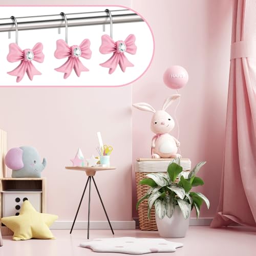 Pink Bow Shower Curtain Hooks 12 Pcs Stainless Steel Bathroom Accessories