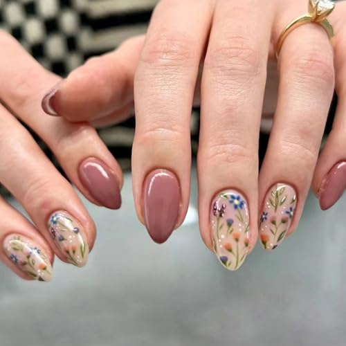 Press on Nails Almond Medium Floral Fake Nails Reusable 30Pcs